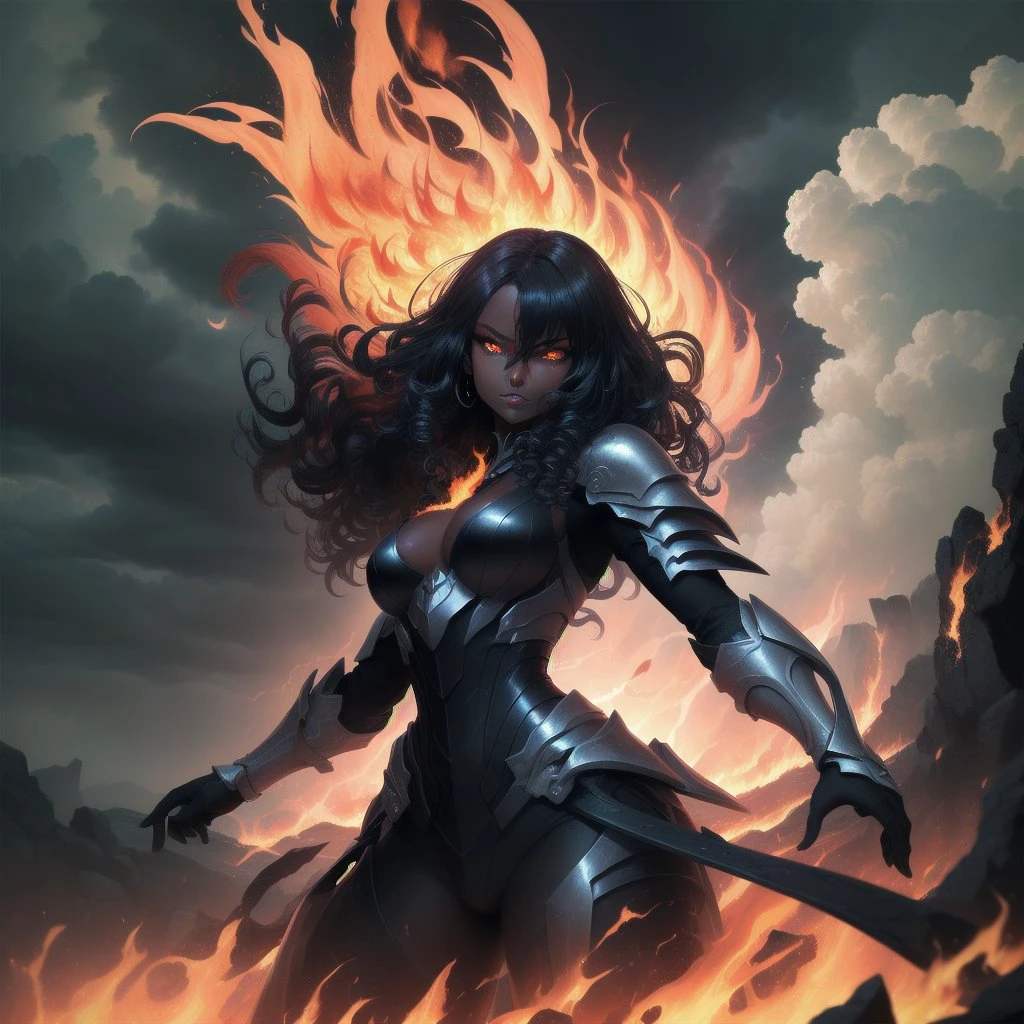 (masterpiece, UHD, fine-art digital painting:1.4), compelling African-descent woman, (dark ebony skin:1.3), (glowing amber eyes:1.2), radiating with an otherworldly glow, empowered but composed look on her face. Long, untamed curly black hair billowing around her, (curls sparking with ethereal fire:1.4), as if imbued with the raw essence of power and strength. Dressed in (an elegant yet battle-ready dark armor:1.1), ornamental gold details complementing her gleam. The backdrop of a looming storm, (rolling dark clouds:1.2), contrasting the incandescent fire in the foreground. Paint the atmosphere with her dominant persona, as she exhibits control over her fiery powers in one hand, causing a wild surge of flames, the light casting dramatic shadows on her figure. Depict the woman as the embodiment of resilience, showing not just physical strength but mental and spiritual might
