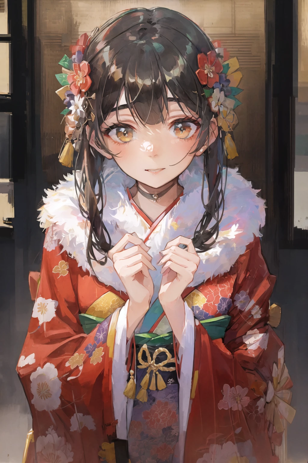 art by Cornflower, dreamy,
(masterpiece, best quality, brown hair brown eyes,gyaru,street fashion, hair ornament,choker, cowboy shot, masterpiece, best quality, cute girl in kawaii intricate ornate flower embroidery red kimono at a shrine,winter,cinematic lighting,haregi,furisode,faux fur collar,japanese hair ornament,looking at viewer,[[[happy]]],(((realistic))))  <hypernet:Cornflower_Mirage:1>