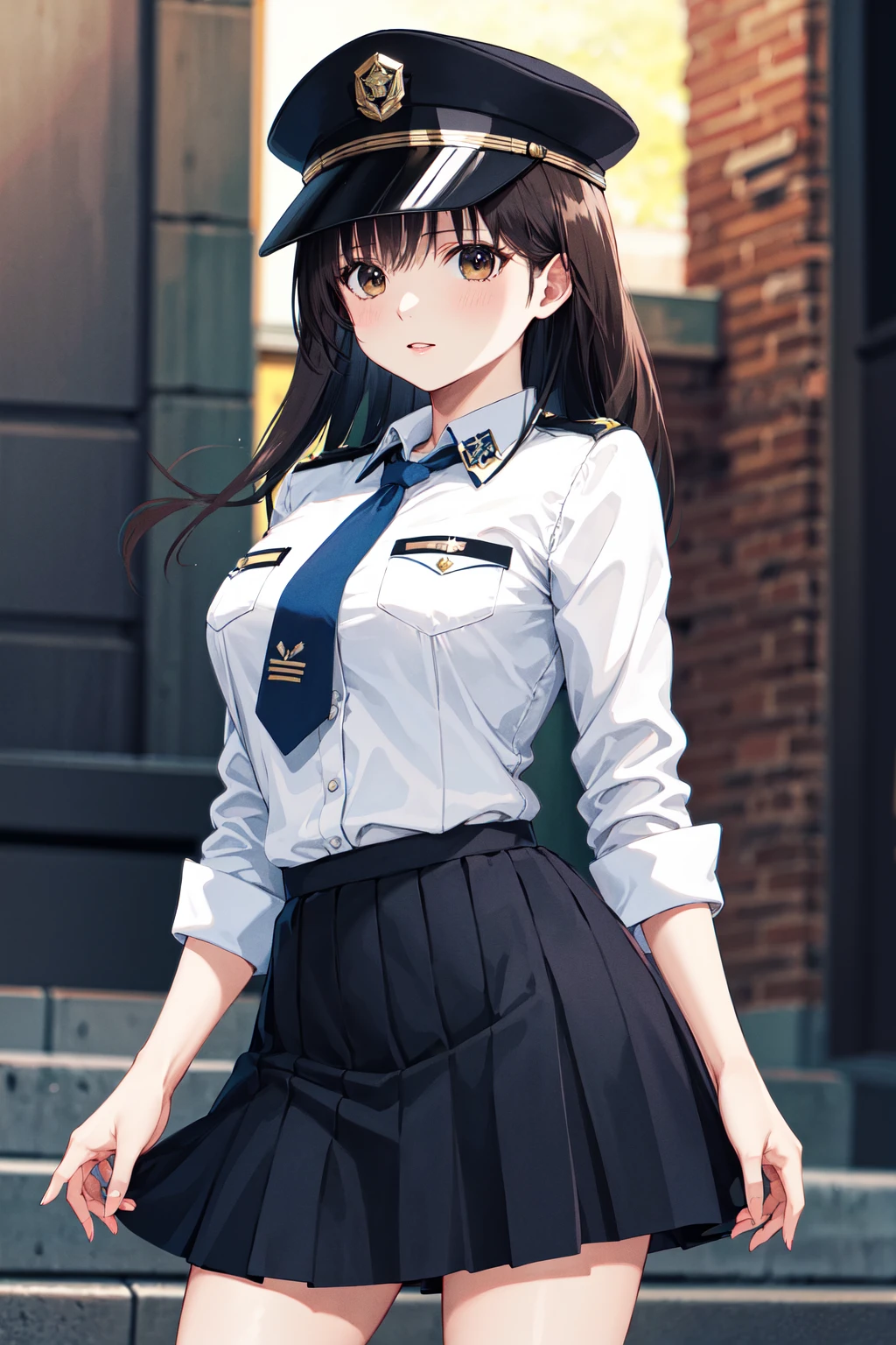 masterpiece, best quality, highres, ichigoaya, solo, police uniform, necktie, black skirt, hat, peaked cap, <lora:toujou_aya_v1:0.7>, cowboy shot