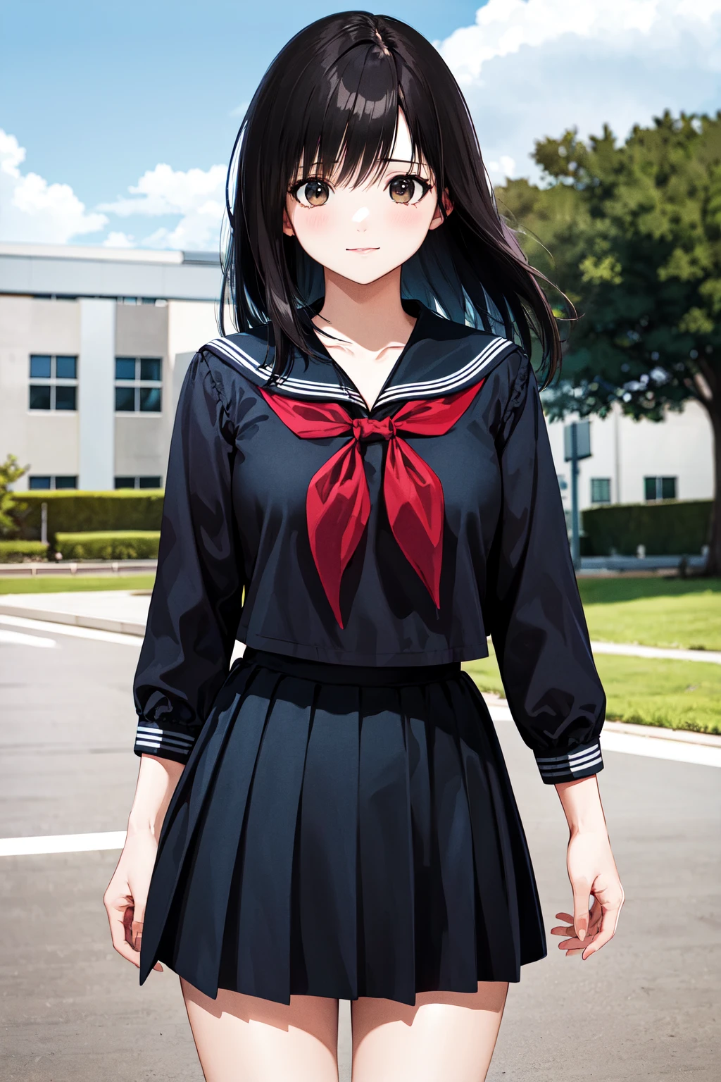 masterpiece, best quality, highres, ichigoaya, solo, school uniform, serafuku, black sailor collar, red neckerchief, black shirt, black skirt, <lora:toujou_aya_v1:0.7>, cowboy shot, standing, outdoors