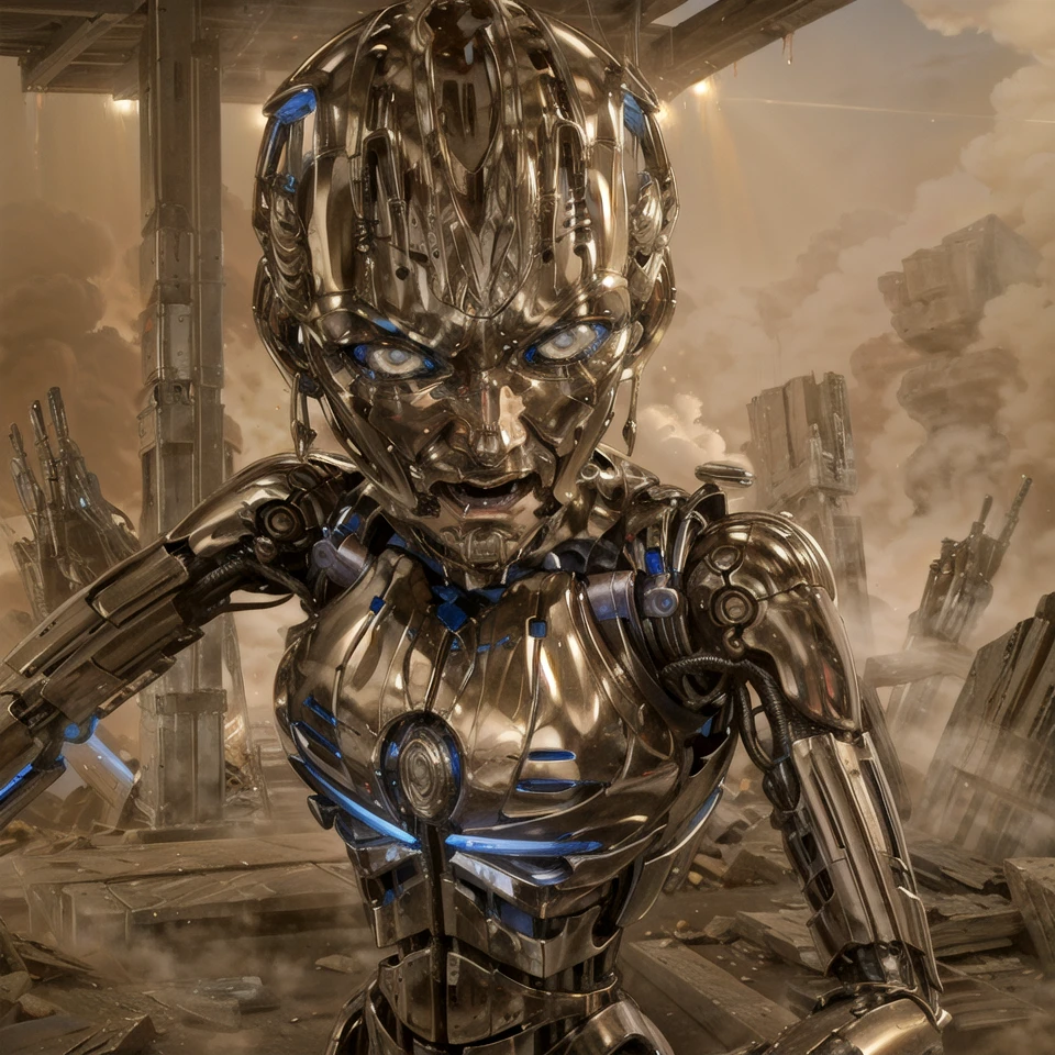 A visually stunning movie scene presents a robot girl with a circular saw for a left arm. Her wide shot displays her delicate and beautiful face, which is finely detailed with blush on her cheeks. Despite her aesthetic appearance, the robot girl seems embarrassed and shy, her silver face reflecting the 8k resolution with ultra sharp focus.(hyper intricate detailed:1.3), wide shot, a robot whose left arm is circular saw, (embarrassed:1.4), full-face blush, (highres:1.2), standing, (delicate illustration:1.3), (an extremely delicate and beautiful face:1.2), aesthetic, <lora:T3X:0.7>, science fiction, terminator 3, looking at viewer, terminator \(series\), T-X, circular saw, T-X(terminator), (chibi:1.5), endoskeleton, (glowing armor:1.4), android, best illumination, dramatic shadow, HDR, cybernetic, glowing blue, 8k resolution, ultra sharp focus, liquid metal, extremely detailed CG, realistic, very delicate light, floating, (ð¤:1.4), depth of field, robotic reveal, realistic, no humans, (perfect body, perfect face, perfect_eyes:1.2), titanium, distinct image, incredibly absurdres, (robot ears:1.4), 1girl, (robotic:1.4), robot girl, chrome metal, (shiny skin:1.4), (silver face:1.2), (glowing pupils:1.3), blue pupils, (young face:1.3), chocolate-box, Anna Marinova, jumbo/photography/camera_models/nikon, (robot joints:1.3), titanium, no humans, an extremely delicate mechanical body, ((masterpiece:1.1)), airbrush, finely detailed eyes and detailed face, polishing, robotic limb, official art, 2.35:1 (Cinemascope) aspect ratio, detail description of robot,
