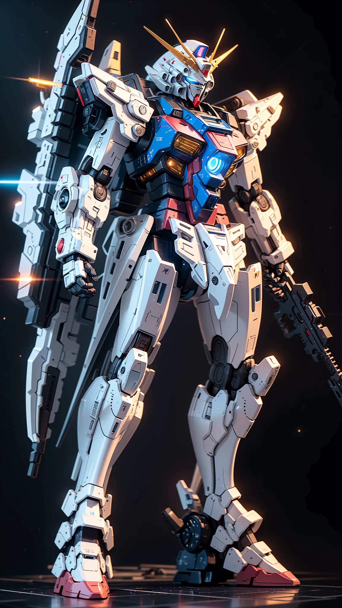 BJ_Gundam,solo,blue_eyes,standing,weapon,gun,no_humans,glowing,robot,mecha,science_fiction,space,v-fin,energy_gun,mobile_suit,beam_rifle,cinematic lighting,strong contrast,high level of detail,Best quality,masterpiece,<lora:Gundam_Mecha_v3.1:0.7>,