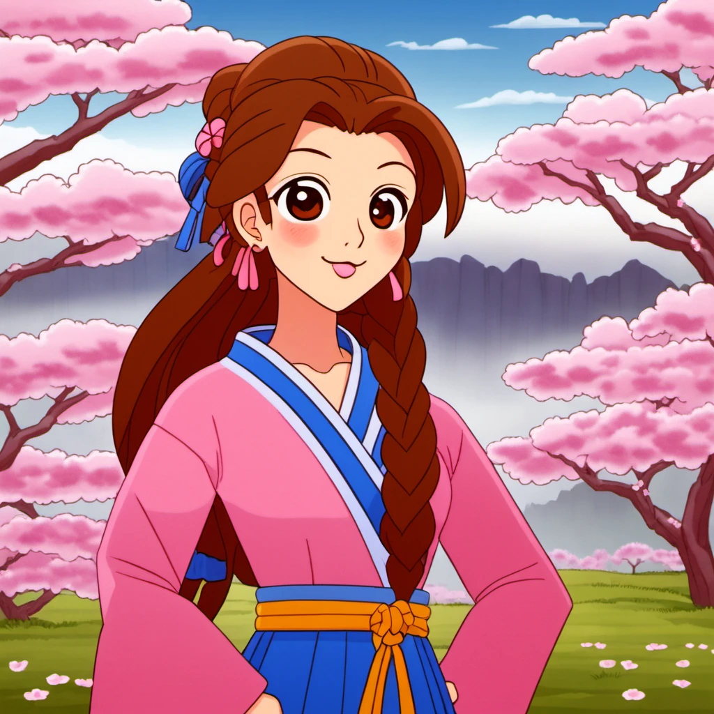 cartooneffects two, a woman in a pink kimono dress standing in a field with pink blossom trees in the background