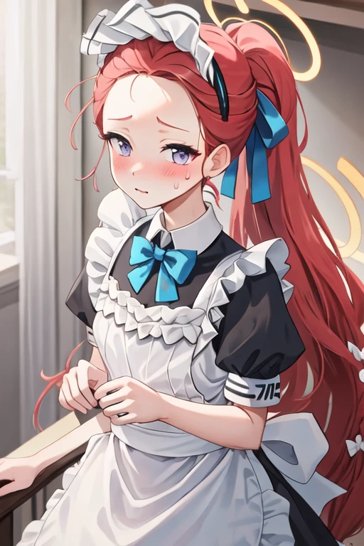 best quality, masterpiece, highres, solo, {yuzu_bluearchive:1.15}, long_hair, red_hair, blush, forehead, halo, bow, blue_eyes, braid, hair_bow, very_long_hair, purple_eyes, 1girl, apron, dress, looking_at_viewer, maid, maid_apron, maid_headdress, short_sleeves, black_dress, bowtie, blue_bow, puffy_sleeves, blue_bowtie, sweatdrop