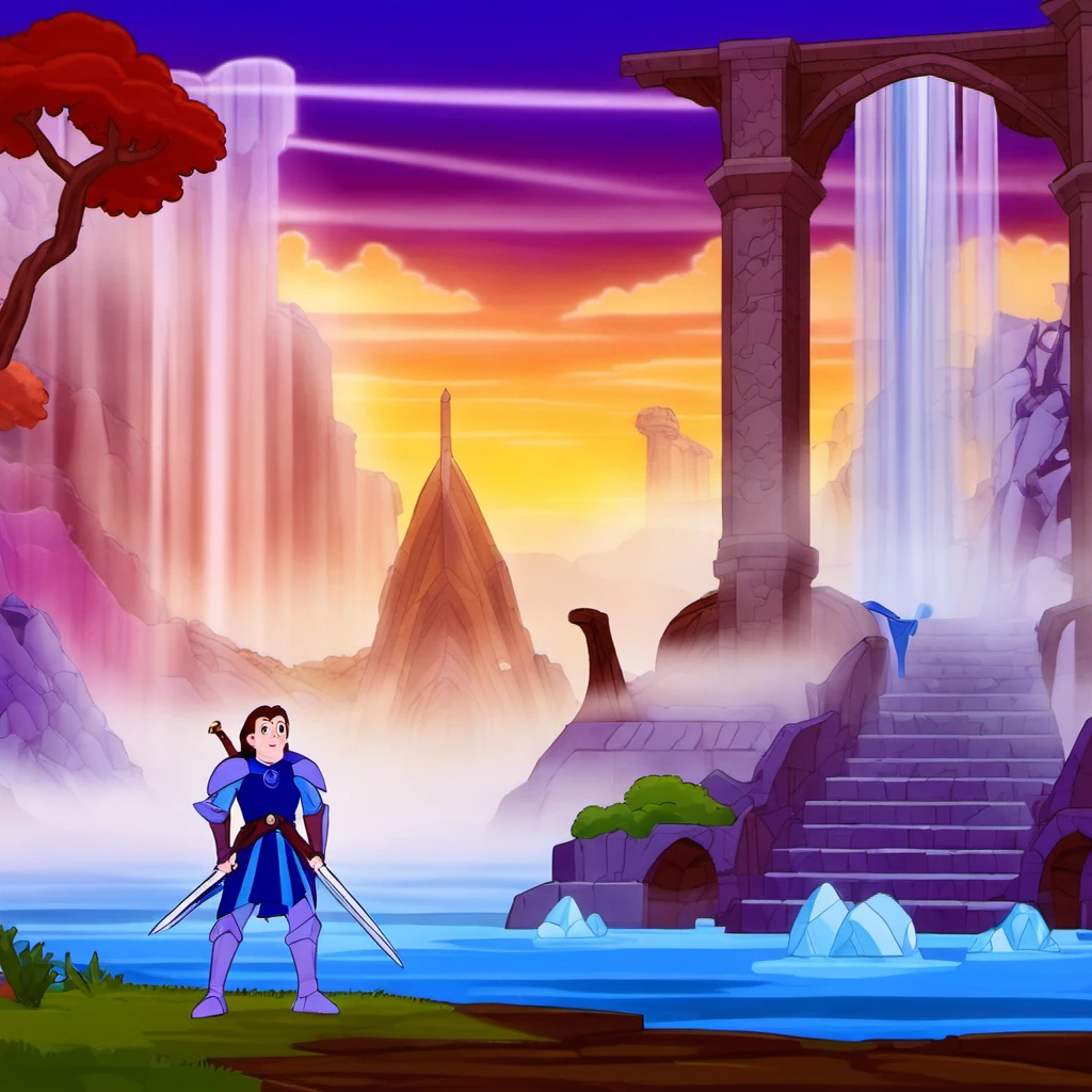 cartooneffects two, a older man with a sword on his back approaching a younger man sitting down on the steps leading to a water temple with a statue inside in a beautiful crystal caverine, fairy tale style background, standing before ancient ruins