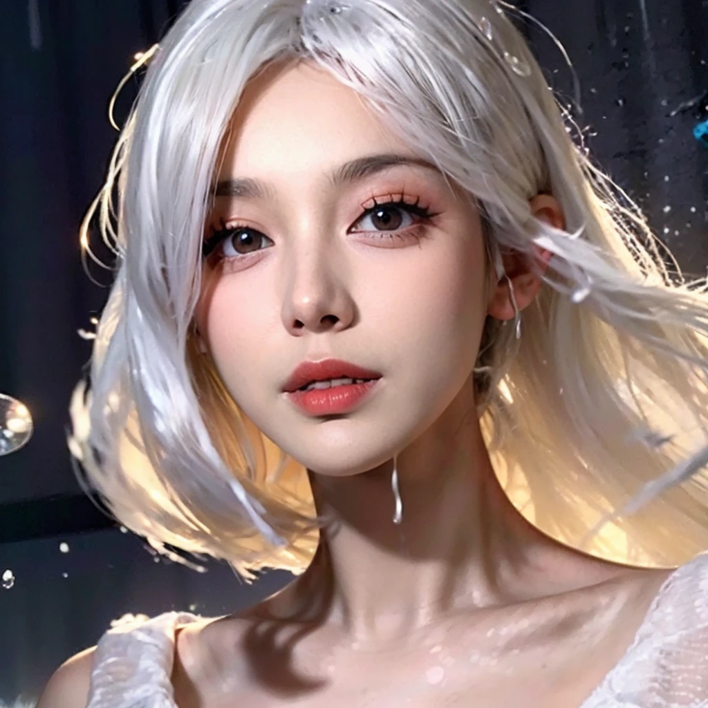 hair on one eye,super high resolution,best quality,4k,2B,1girl,grey/white hair,(white_skin:1.3),teenager,kind_smile,blue eyes,<lora:2B_07:0.8>,((water drops)),wet clothes,((beautiful detailed water)),((floating)),dynamic angle,