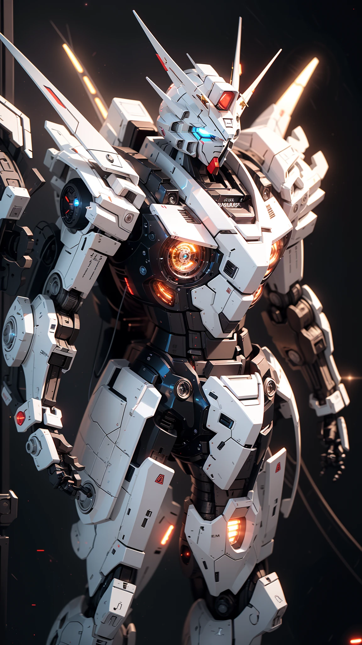 BJ_Gundam, solo, blue_eyes, no_humans, glowing, robot, mecha, glowing_eyes, science_fiction, space,,cinematic lighting,strong contrast,high level of detail,Best quality,masterpiece,<lora:Gundam_Mecha_v3.1:0.7>,