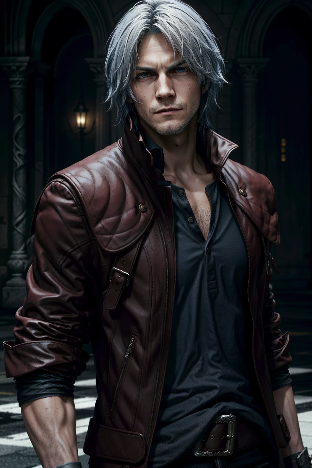(masterpiece, best quality)
1boy, DanteDevil5, male focus, dante \(devil may cry\), solo, facial hair, blurry background, coat, realistic, blurry, jacket, sleeves rolled up, stubble, zipper, blue eyes, looking at viewer, closed mouth, upper body, red coat, shirt, white hair
<lora:epi_noiseoffset2:1>, <lora:add_detail:0.5>, <lora:DanteDevil5:0.7>