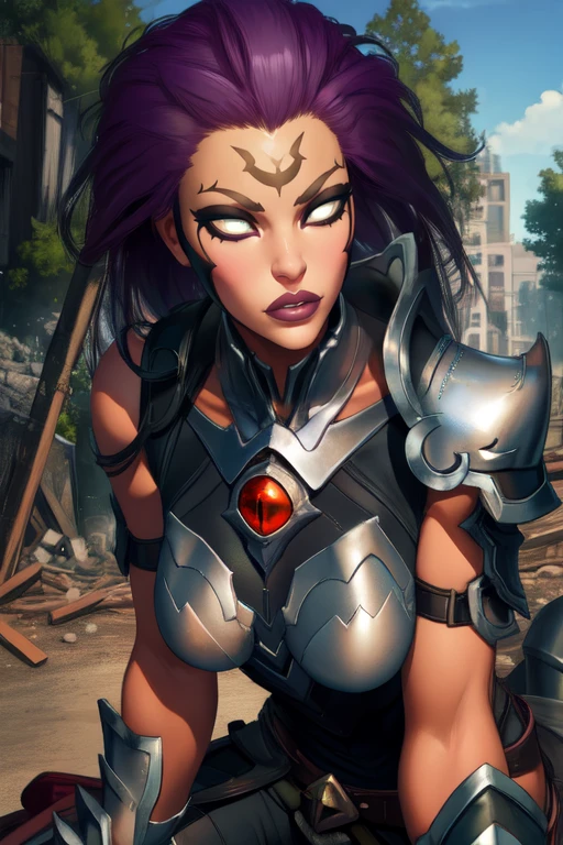 Fury, large purple hair,lips, no pupils, white eyes, forehead mark,
close up, serious,
shoulder armor, breastplate, gauntlets, sitting,
large trees, street, morning, destroyed city,
(insanely detailed, beautiful detailed face, masterpiece, beautiful detailed eyes, best quality)
<lora:Fury-10v3:0.8>