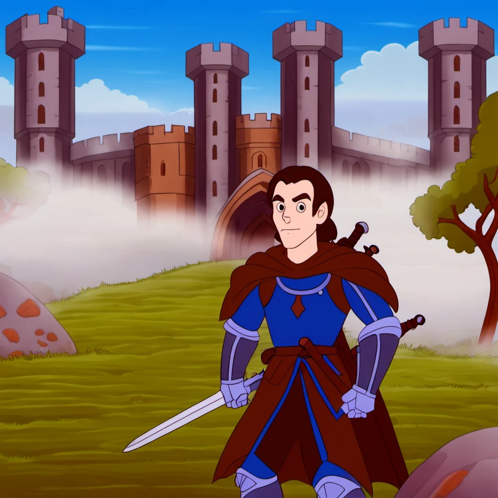cartooneffects two, a man with a sword on his back is standing in a field with a fortress entrance behind him. Medieval fantasy setting.