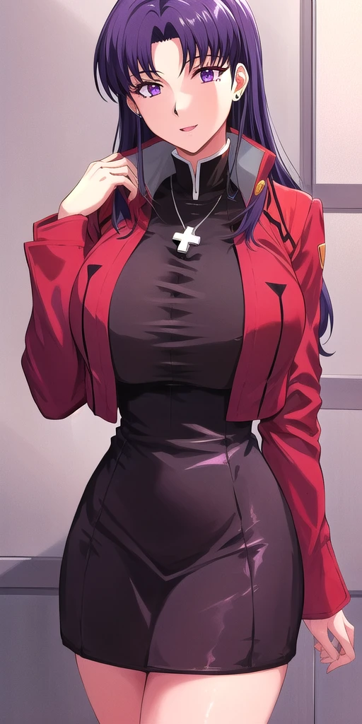 <lora:Katsuragi_MisatoV4:0.6> katsuragi_misato, huge_breasts, standing, solo, Misato_cross_necklace, black_pencil_dress_high_collar_red_jacket, masterpiece, best quality, detailed face, detailed eyes, highres,