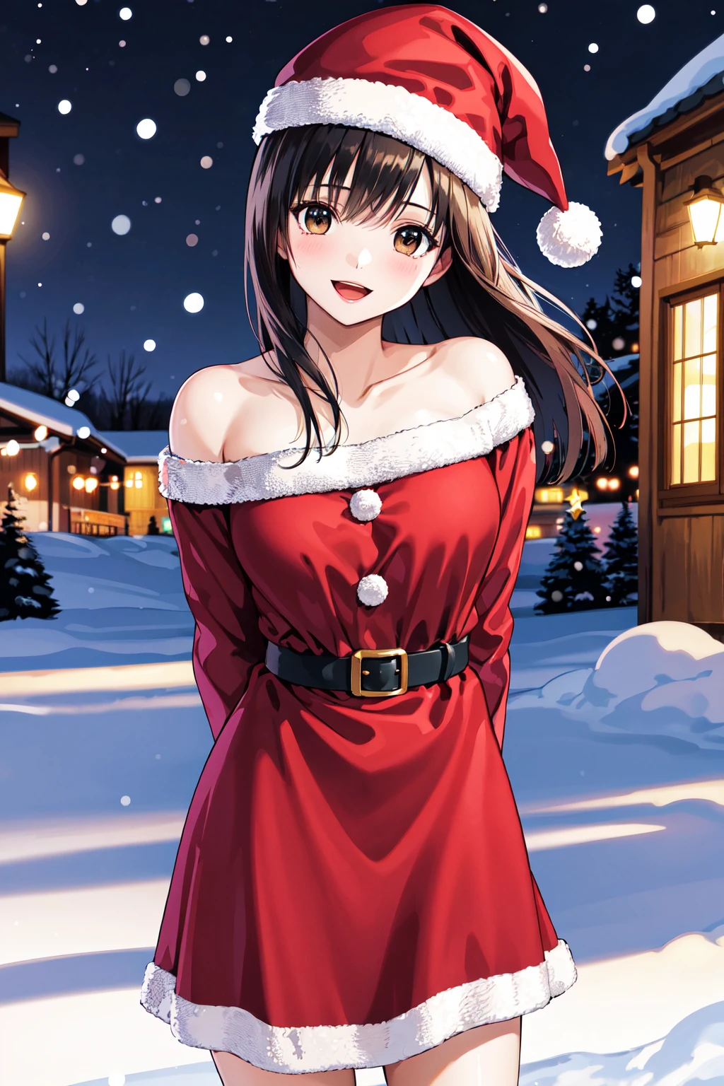 masterpiece, best quality, highres, ichigoaya, solo, santa hat, santa dress, off shoulder, <lora:toujou_aya_v1:0.7>, snow, smile, cowboy shot, standing, christmas, outdoors, arms behind back, leaning forward, open mouth,