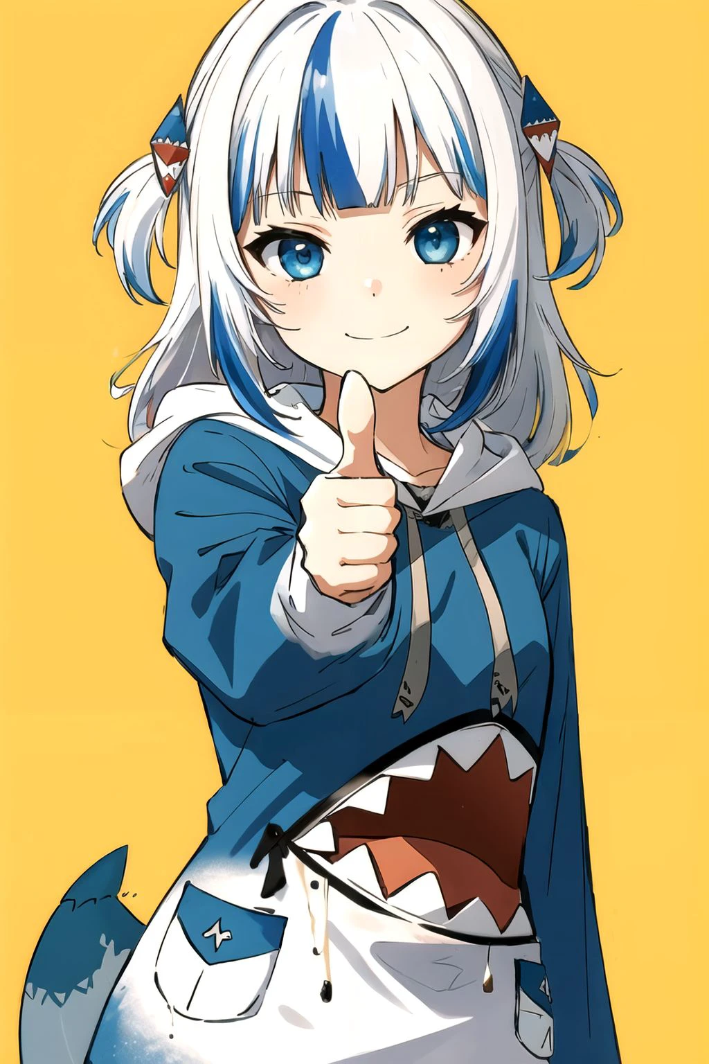 <lora:gawr_gura:1>gawr gura, drawstring, simple background, upper body, smile, two side up, blue eyes, hoodie, long sleeves, 1girl, looking at viewer, blue hair, hood down, blue hoodie, thumbs up, streaked hair, yellow background, shark hair ornament, chibi, hair ornament, blunt bangs, solo, closed mouth, grey hair