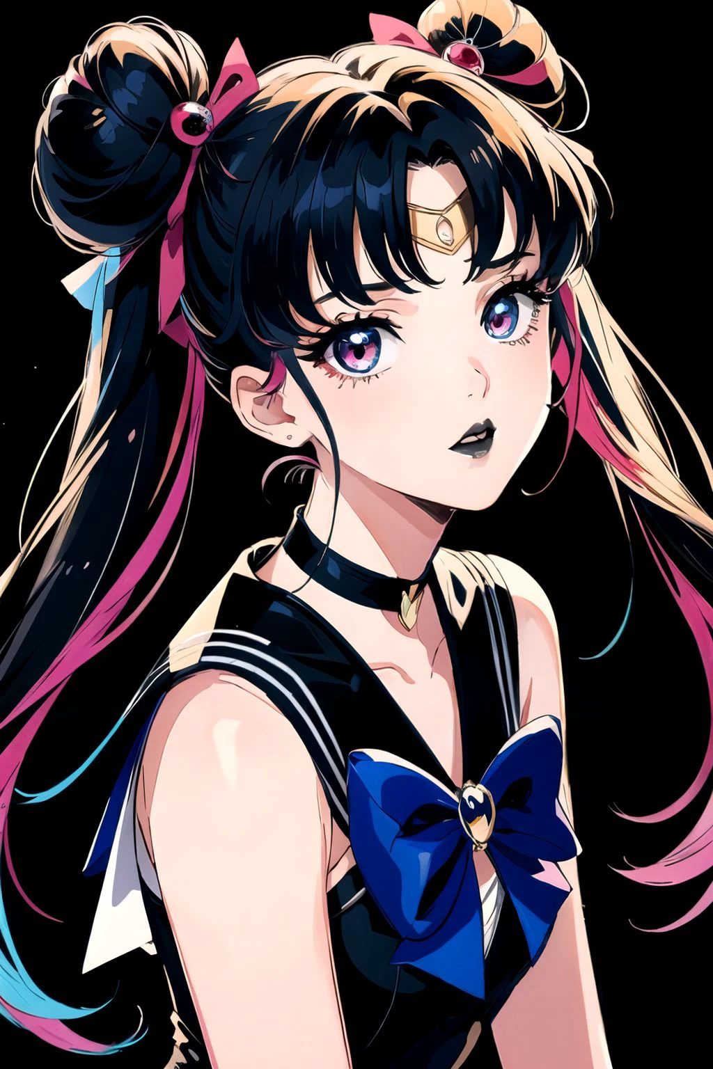 goth girl, gothic, masterpiece, best quality, 1girl, black lips, solo, black hair, makeup, twin tails, hair buns, sailor moon, multicolored hair, white hair, bangs, eyeshadow, cross, hair bow, bow, lipstick, two-tone hair, fishnets, mascara, black background, hair ornament,