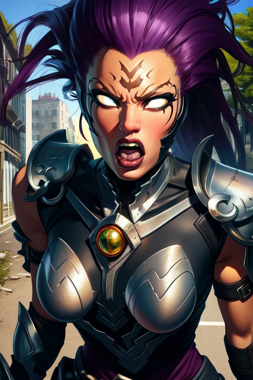 Fury, large purple hair,lips, no pupils, white eyes, forehead mark,
standing, close up, angry, open mouth, uvula,
shoulder armor,breastplate,gauntlets,
large trees, street, morning, destroyed city,
(insanely detailed, beautiful detailed face, masterpiece, beautiful detailed eyes, best quality)
<lora:Fury-10v3:0.8>