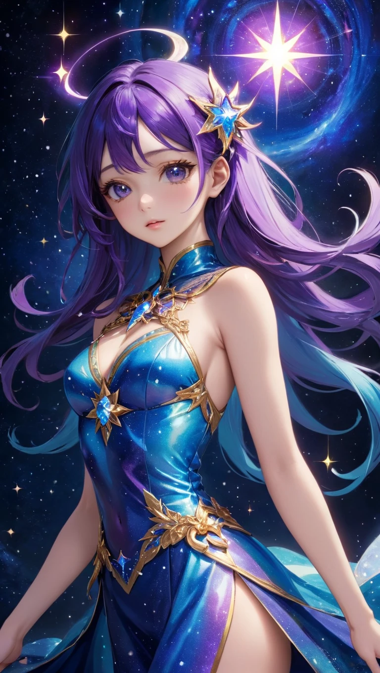 Create a captivating and vibrant anime character named Starlight, a celestial being with a unique and mesmerizing appearance. Starlight should possess ethereal beauty, a cosmic aura, and radiate an otherworldly charm. Their attire should be an intricate blend of cosmic elements, featuring shimmering, iridescent fabrics that reflect the colors of the universe. Pay meticulous attention to the character's facial expressions and posture, ensuring they exude an enchanting and graceful demeanor. Render Starlight in high-resolution, hyperrealistic detail, emphasizing the interplay of light and color in their design. The character should evoke a sense of wonder and fascination, embodying the essence of cosmic elegance and grace. This artwork should be a visual masterpiece that captivates the viewer and celebrates the allure of the celestial.