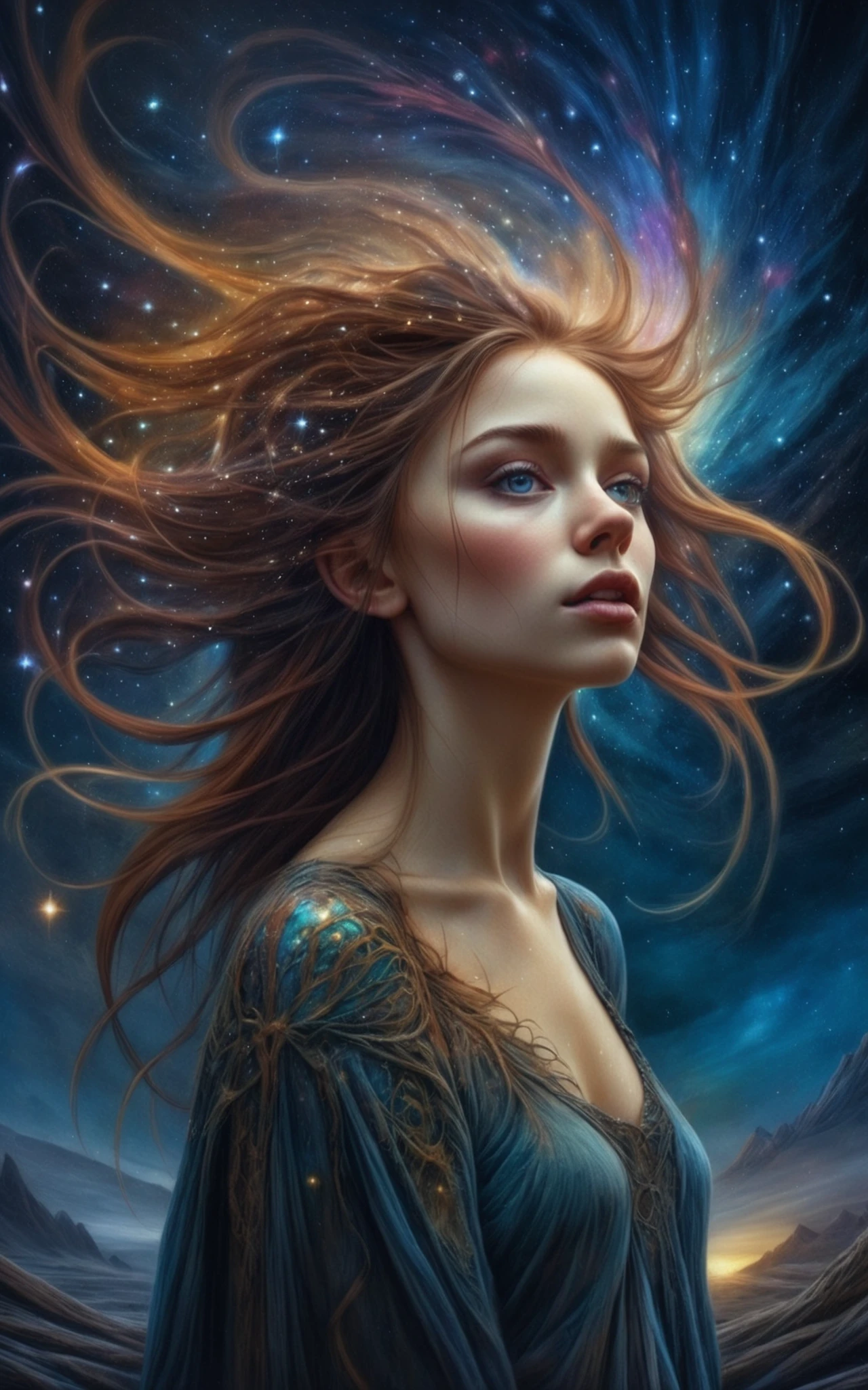 this is a professional photo, masterpiece, (epic portrait:0.85) a young woman, flowing hair, night, cosmos, sky, super detailed, ultra photorealistic, intricate detail, darkness, hyper maximalist, elegant, dynamic posing, photography, Accent Lighting, (by Don Bluth style and by Tomasz Alen Kopera) style (Carne Griffiths:0.6)