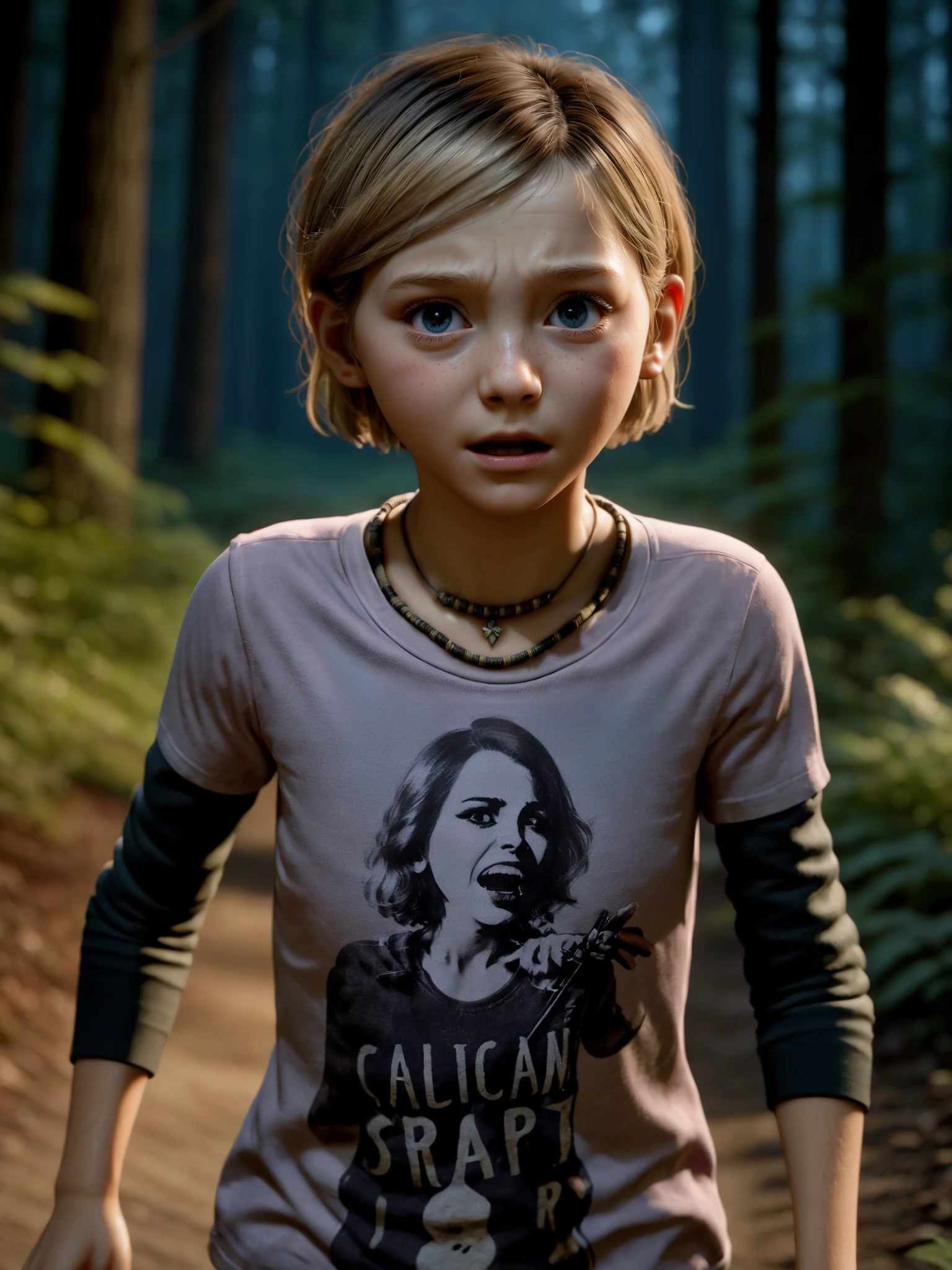 (masterpiece:1.1), (highest quality:1.1), (HDR:1.0), extreme quality, cg, (negative space),
Sarah Miller, super cute ************ girl, short hairs, blonde hairs, necklace, wearing pajamas, long-sleeved shirt, detailed skin, full body, barefoot, perfect eyes, in a realistic forest, by night, (running fast, running away from monsters, scared, dynamic pose, looking over :1.3), darkness, horror movie, cinematic hue, RAW candid cinema, 16mm, color graded portra 400 film, remarkable color, ultra realistic, textured skin, remarkable detailed pupils, realistic dull skin noise, visible skin detail, skin fuzz, dry skin, shot with cinematic camera
BREAK
(generate the image step by step to get the best result:1.5),
(proceed step by step to be sure to generate the correct image:1.5),
<lora:sarah_tlou_sdxl_v3-000088:0.8>