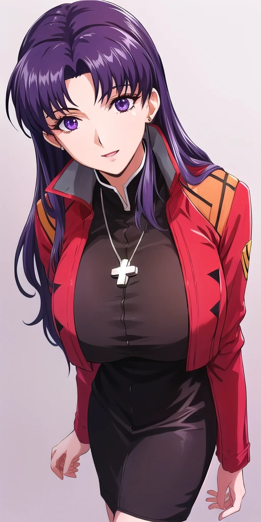 <lora:Katsuragi_MisatoV4:0.6> katsuragi_misato, huge_breasts, standing, solo, Misato_cross_necklace, black_pencil_dress_high_collar_red_jacket, masterpiece, best quality, detailed face, detailed eyes, highres,