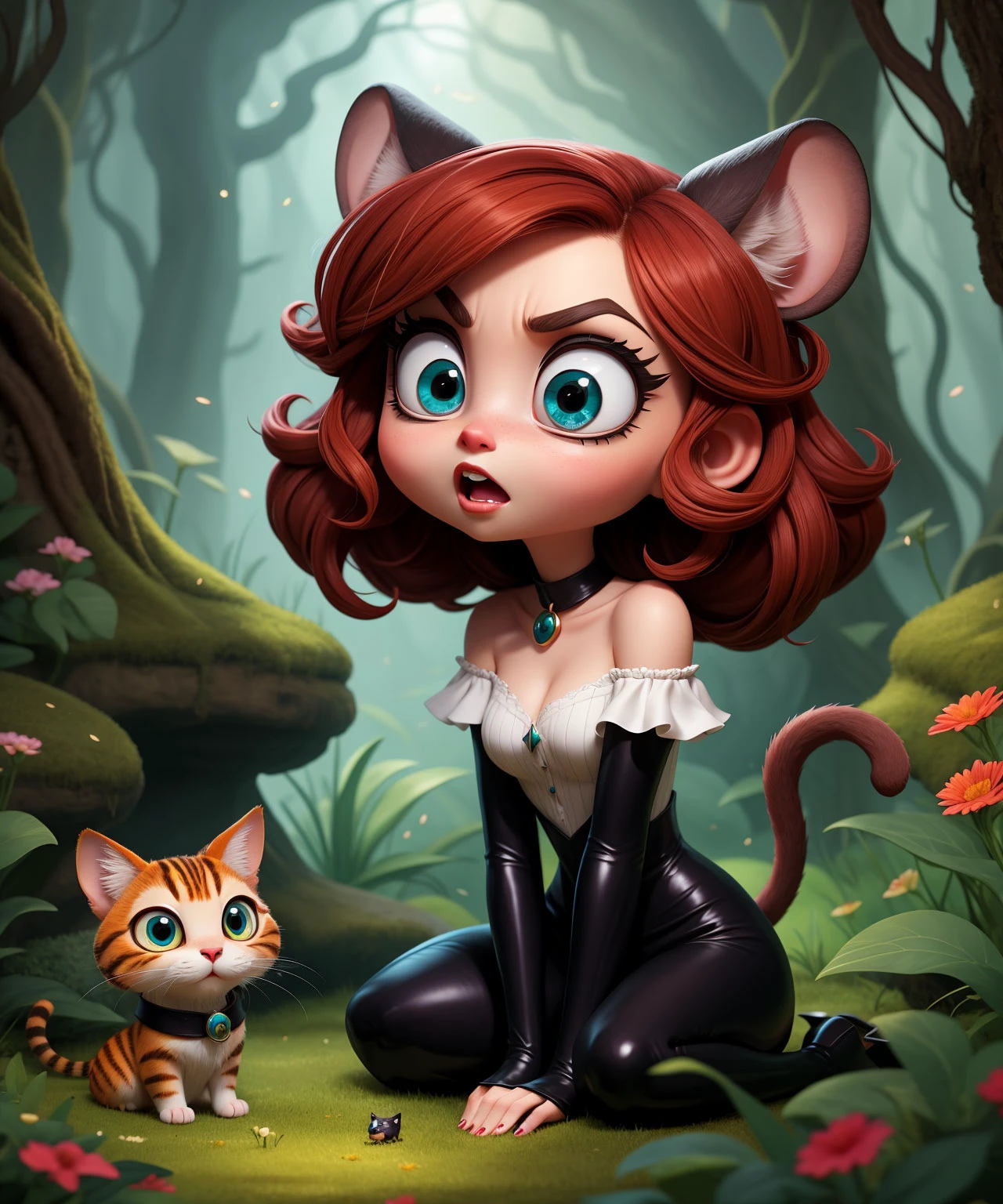 A fairytale land where magical creatures live and thrive, cat, girl-mouse,(big eyes, style, hair:1.10),angry