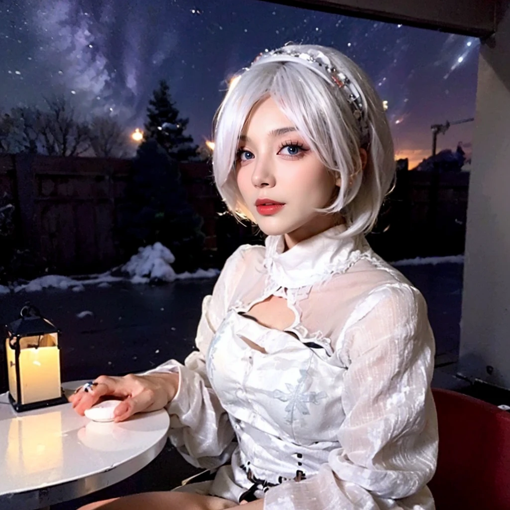 hair on one eye,super high resolution,best quality,4k,2B,1girl,grey/white hair,(white_skin:1.4),teenager,kind_smile,blue eyes,<lora:2B_07:0.8>,beautiful detailed sky, night, stars, (red plum blossom),((winter)),(((snowflakes))), ((red and white flowers))ï¼(starry sky),(sitting),((colorful)),scenery, lantern,(starfall),