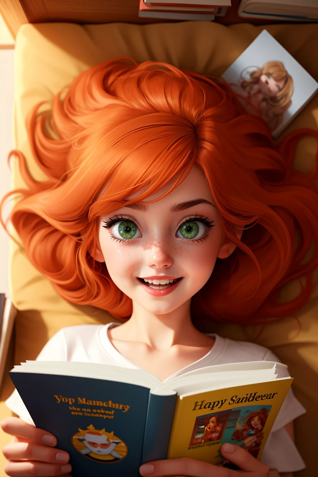 cosy room,(top view:1.1), girl lying down in bed, reads a book, shorts,T-shirt, print, medium shot, pov,dinamic pose,(happy:1.2),(green eyes, ginger hair),(scattered items, intricate details), (cinematic, soft light),