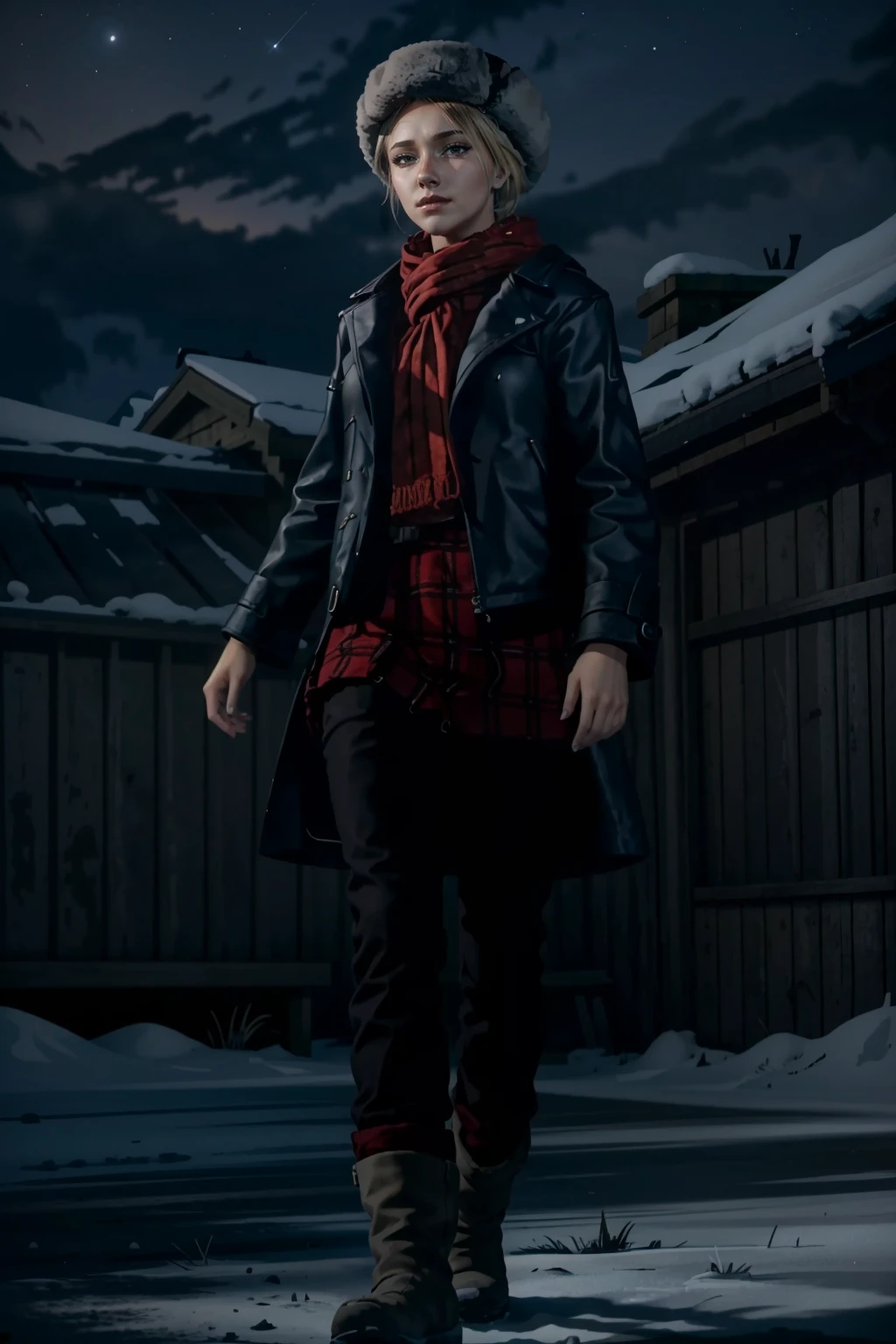 (masterpiece, best quality)
1girl, SamUntil, blonde hair, male focus, solo, scarf, night, coat, jacket, standing, boots, dark, hat, red scarf, pants, full body
<lora:epi_noiseoffset2:1>,  <lora:add_detail:0.5>,   <lora:SamUntil:0.7>