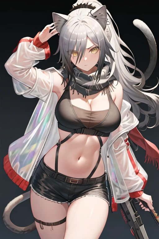best quality, masterpiece, highres, solo, {schwarz_arknights:1.15}, animal_ears, grey_hair, long_hair, cat_ears, bangs, yellow_eyes, ponytail, breasts, hair_between_eyes, upper_body, cleavage, large_breasts, 1girl, black_scarf, crop_top, holding, jacket, long_sleeves, looking_at_viewer, midriff, navel, open_clothes, open_jacket, scarf, weapon, white_jacket, crossbow, holding_weapon, stomach, black_shorts, shorts, bare_shoulders, off_shoulder, see-through, short_shorts, cat_tail, cowboy_shot, tail, thighs