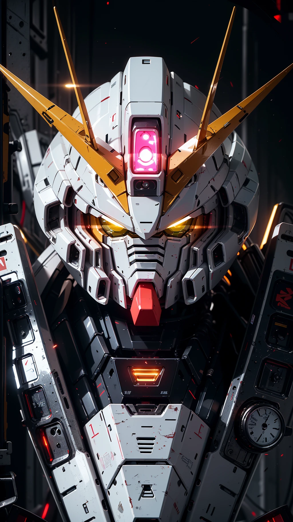 BJ_Gundam,solo,looking_at_viewer,yellow_eyes,no_humans,glowing,robot,portrait,mecha,glowing_eyes,science_fiction,straight-on,v-fin,mobile_suit,cinematic lighting,strong contrast,high level of detail,Best quality,masterpiece,<lora:Gundam_Mecha_v3.1:0.7>,