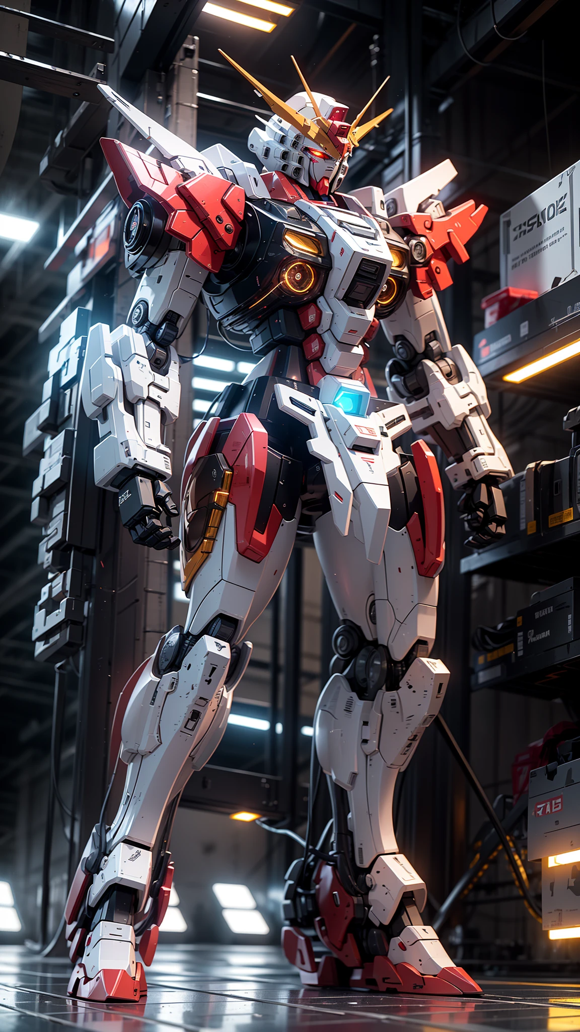 BJ_Gundam,solo,red_eyes,standing,no_humans,glowing,robot,mecha,glowing_eyes,clenched_hands,science_fiction,v-fin,cinematic lighting,strong contrast,high level of detail,Best quality,masterpiece,<lora:Gundam_Mecha_v3.1:0.7>,