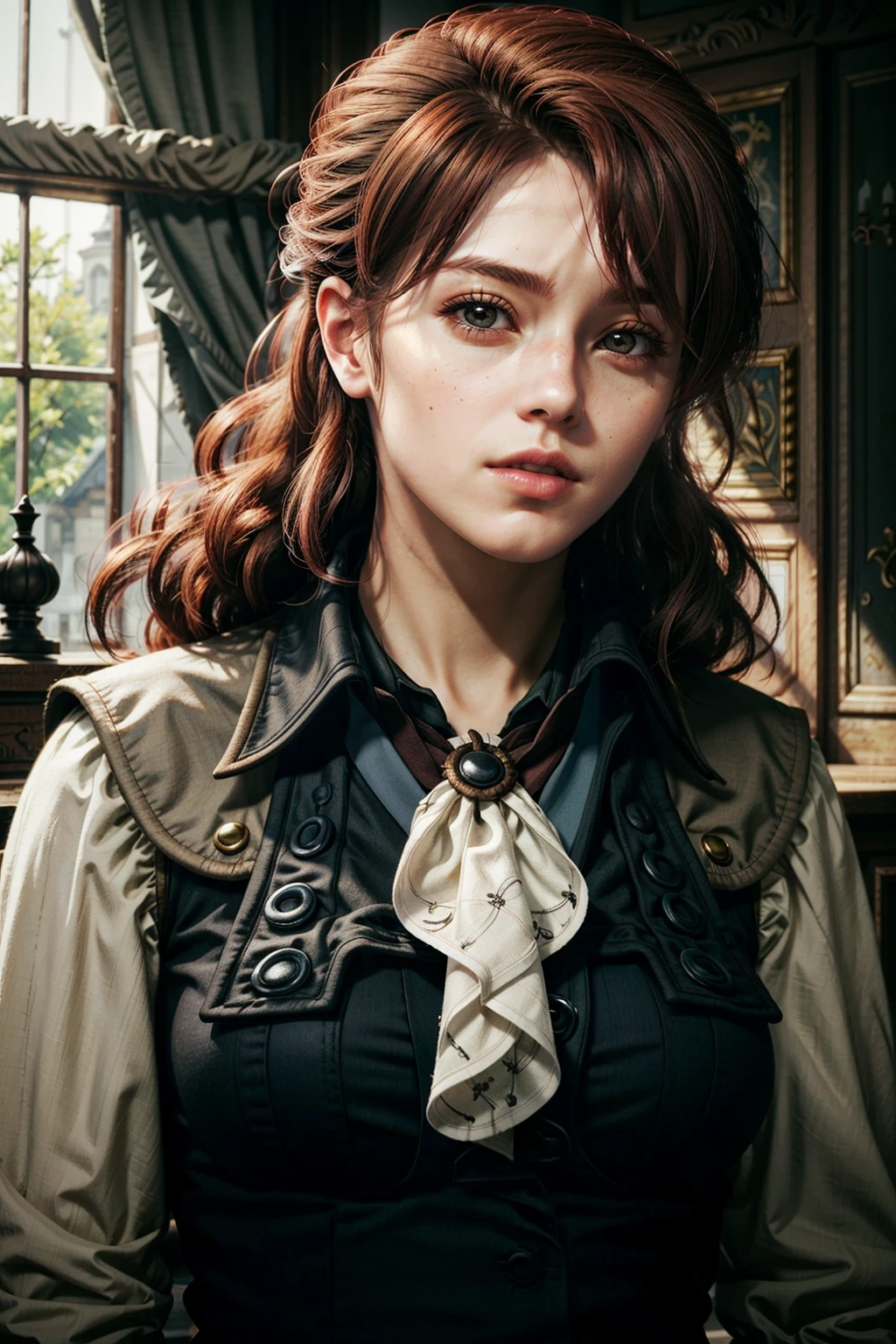 (masterpiece, best quality)
1girl, red hair, EliseACU, solo, realistic, blurry background, blurry, long hair, ascot, upper body, looking to the side, closed mouth, lips, brown hair, curly hair
<lora:epi_noiseoffset2:1>, <lora:add_detail:0.5>, <lora:EliseACU:0.7>