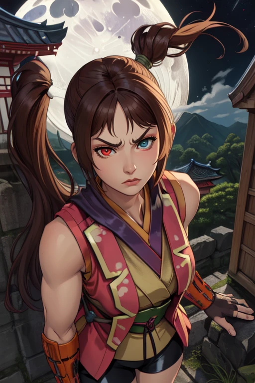 Akane, long brown hair,heterochromia,mean face,
looking at viewer,
fingerless gloves, bike shorts, vest, sleeveless,
upper body, leaning on wall,
from above, standing, Japanese building,nighttime,moon,Sengoku period, wall,
(insanely detailed, beautiful detailed face, masterpiece, best quality)
<lora:AkaneYagyu-10v4:0.7>