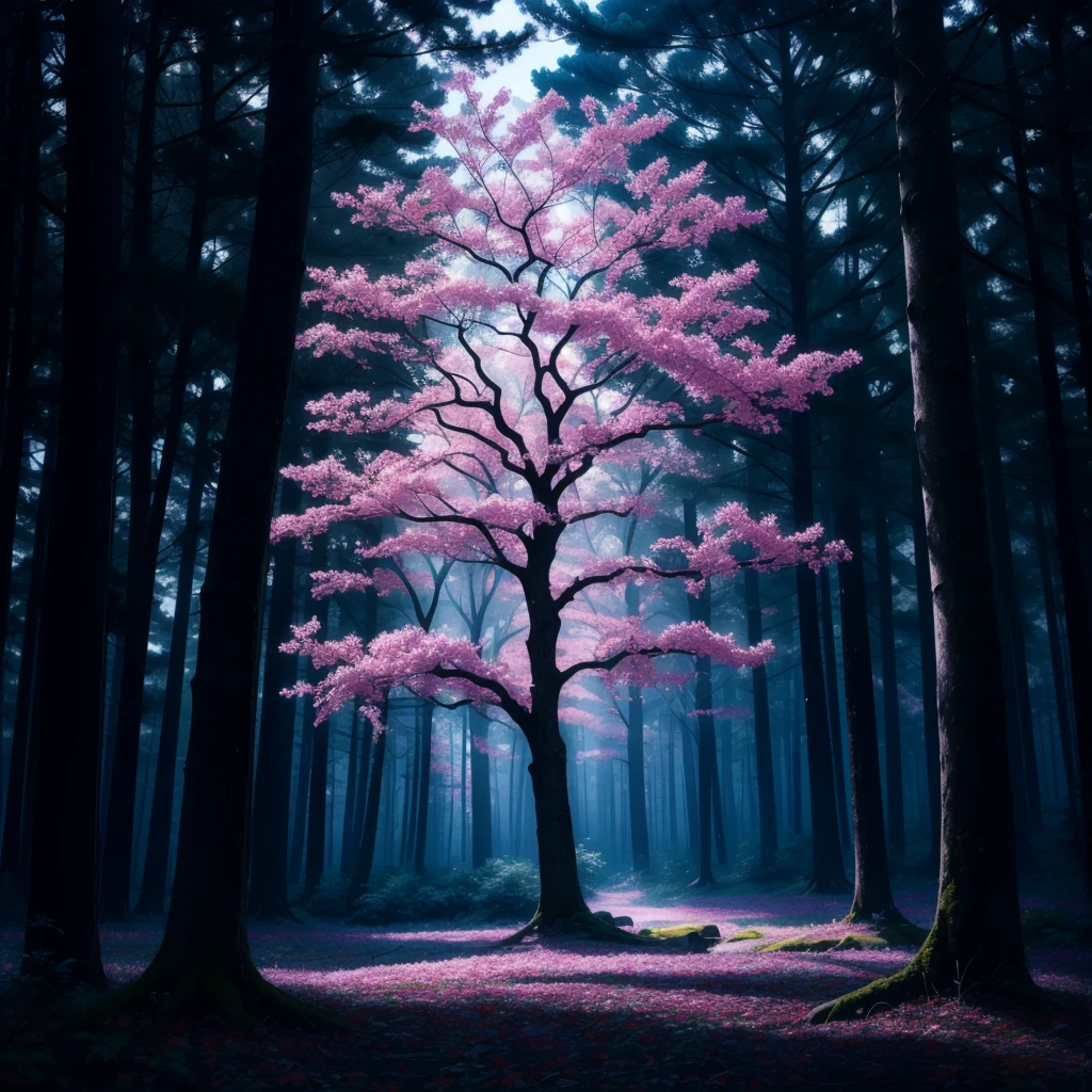 Magic tree, dark leaf, purple light, 8K, Masterpiece, botany