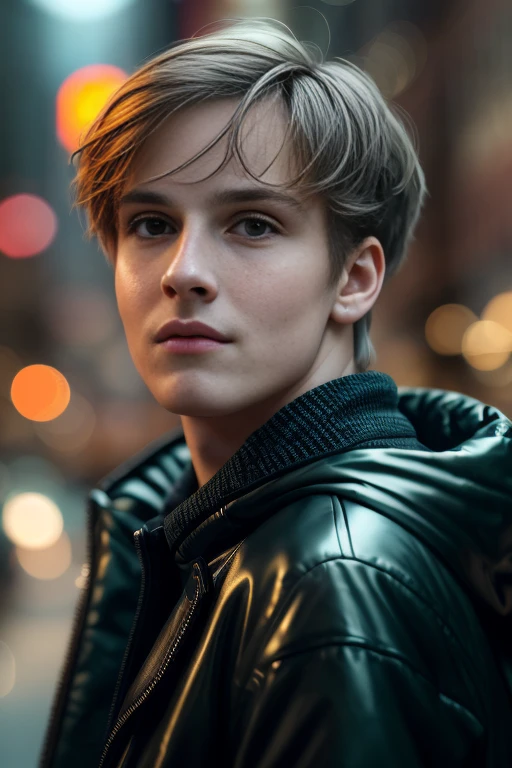 a young man,a close up of <lora:L0u1sHfmn:1>  in street , masterpiece,realistic, 4k, detailed, of seul in the night, highly detailed face, f2.8,denoise, dof, casual clothes, blur background,