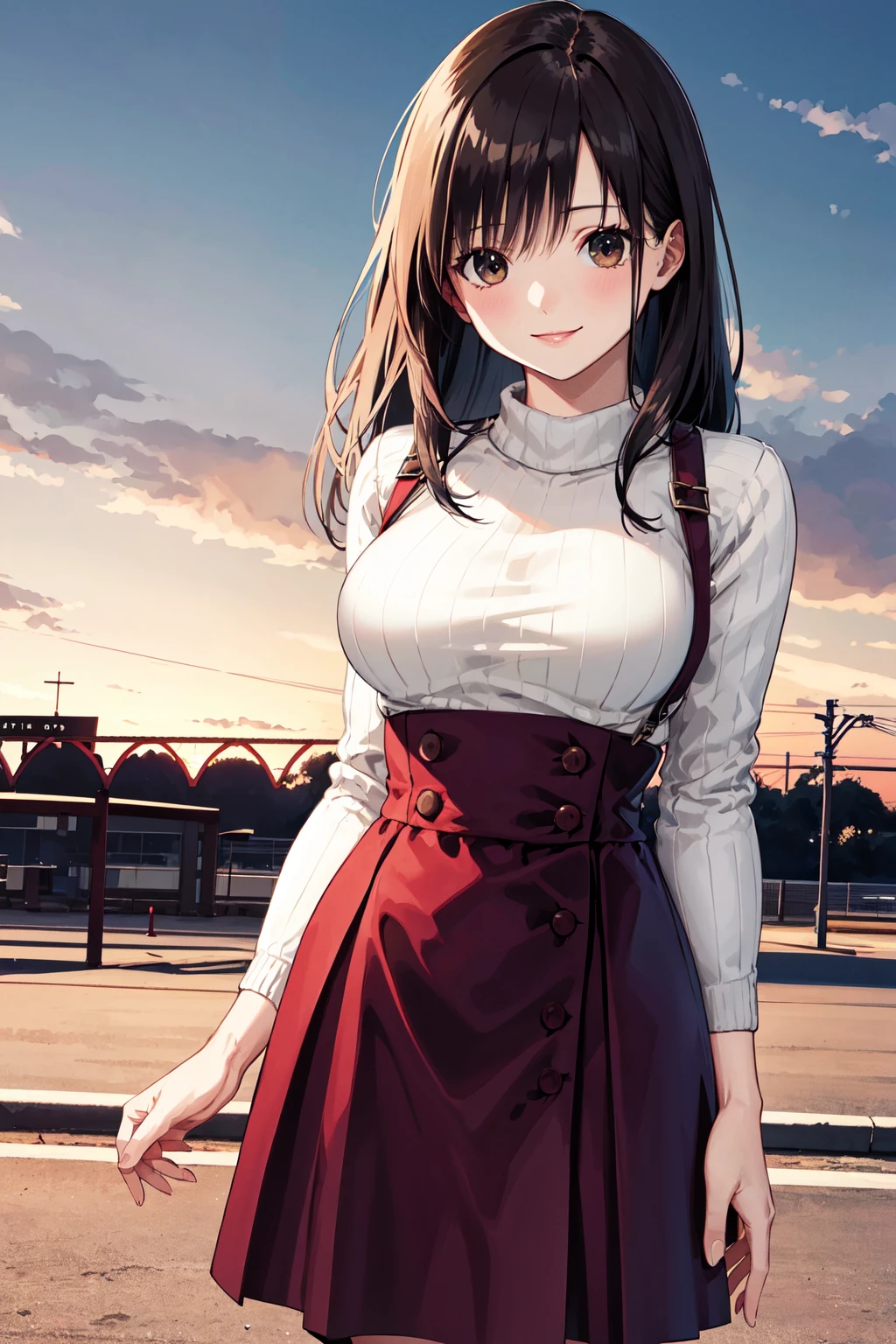 masterpiece, best quality, highres, ichigoaya, solo, sweater, suspender skirt, high-waist skirt, <lora:toujou_aya_v1:0.7>, cowboy shot, park, standing, smile