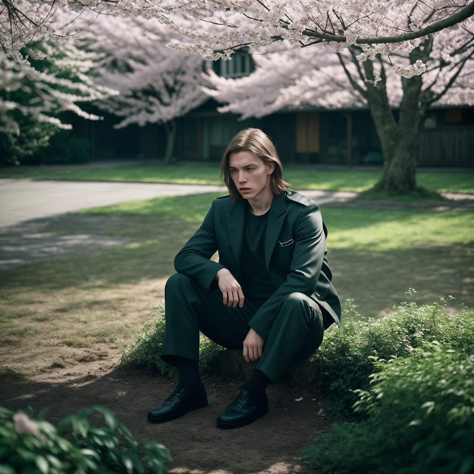 (Mamiya photography) (grainy film) cinematic (film still by Alessio Albi), gopnik thug sportswear sitting surround by greeny bushes of sakura, depth of field, bokeh, messy cluttered background, captivating play of shadows <lora:gelios40bokeh_v2:0.1>