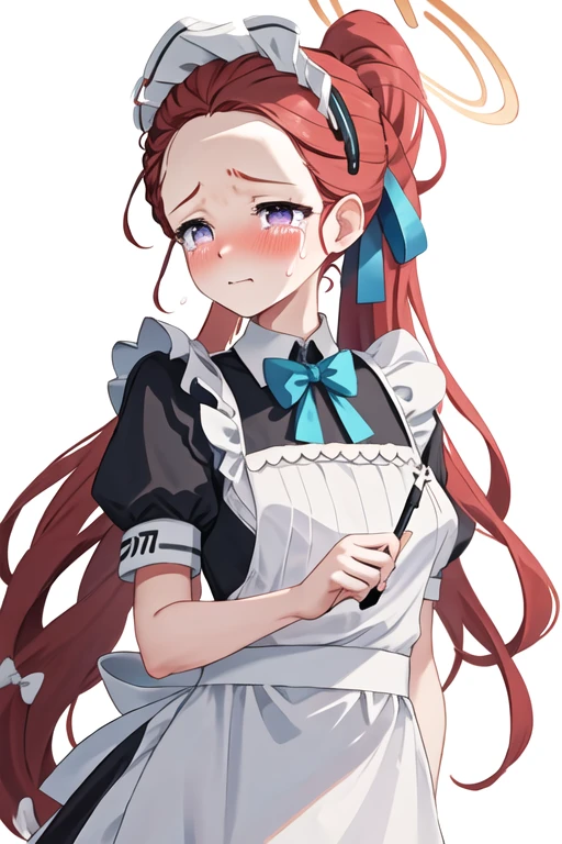 best quality, masterpiece, highres, solo, {yuzu_bluearchive:1.15}, long_hair, red_hair, blush, forehead, halo, bow, blue_eyes, braid, hair_bow, very_long_hair, purple_eyes, 1girl, apron, maid, maid_apron, maid_headdress, puffy_sleeves, short_sleeves, simple_background, white_background, alternate_costume, dress, looking_at_viewer, tearing_up, tears, black_dress, ponytail, puffy_short_sleeves, ribbon, white_apron