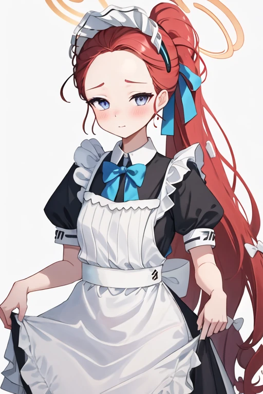 best quality, masterpiece, highres, solo, {yuzu_bluearchive:1.15}, long_hair, red_hair, blush, forehead, halo, bow, blue_eyes, braid, hair_bow, very_long_hair, purple_eyes, 1girl, apron, dress, looking_at_viewer, maid, maid_apron, maid_headdress, blue_bow, puffy_sleeves, short_sleeves, simple_background, white_apron, alternate_costume, frills, white_background, puffy_short_sleeves, closed_mouth, black_dress, frilled_apron, bowtie, bangs, ponytail, blue_bowtie, duster, holding, white_bow