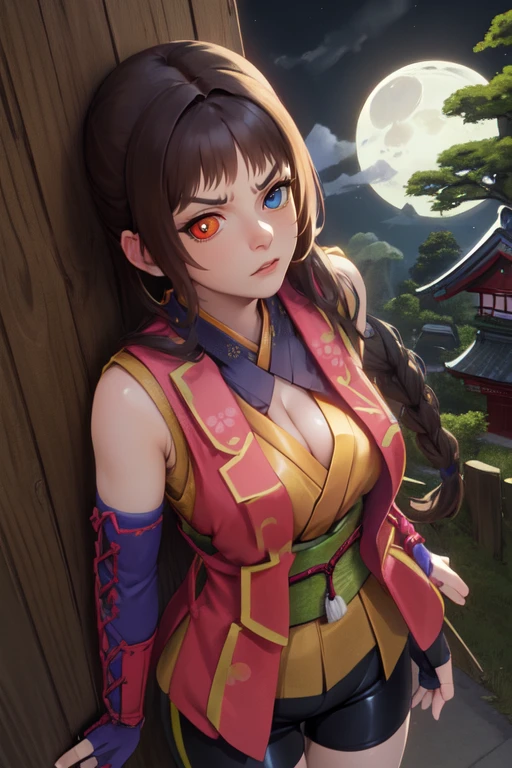Akane, long brown hair,heterochromia,mean face,
looking at viewer,
fingerless gloves, black bike shorts, vest, sleeveless, upper body, leaning on wall,
cleavage,
from above, standing, Japanese building,nighttime,moon,Sengoku period, wall,
(insanely detailed, beautiful detailed face, masterpiece, best quality)
<lora:AkaneYagyu-10v4:0.7>