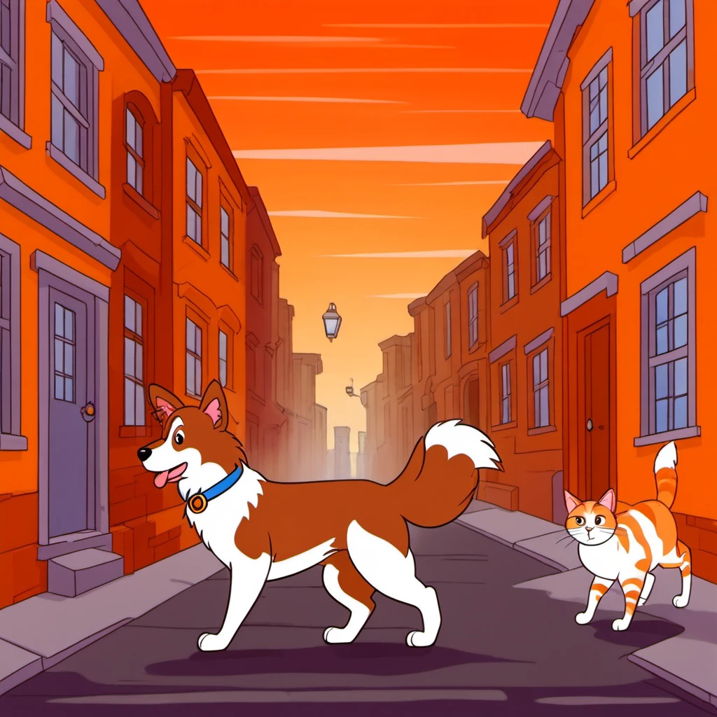 cartooneffects two, a collie and an orange white cat are chasing each other down a street