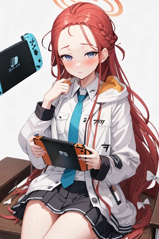 best quality, masterpiece, highres, solo, {yuzu_bluearchive:1.15}, long_hair, red_hair, blush, forehead, halo, bow, blue_eyes, braid, hair_bow, very_long_hair, purple_eyes, 1girl, collared_shirt, jacket, long_sleeves, necktie, one_side_up, school_uniform, shirt, sitting, skirt, white_bow, white_jacket, black_skirt, blue_necktie, looking_at_viewer, pleated_skirt, white_shirt, handheld_game_console, holding, nintendo_switch, open_jacket, simple_background, white_background