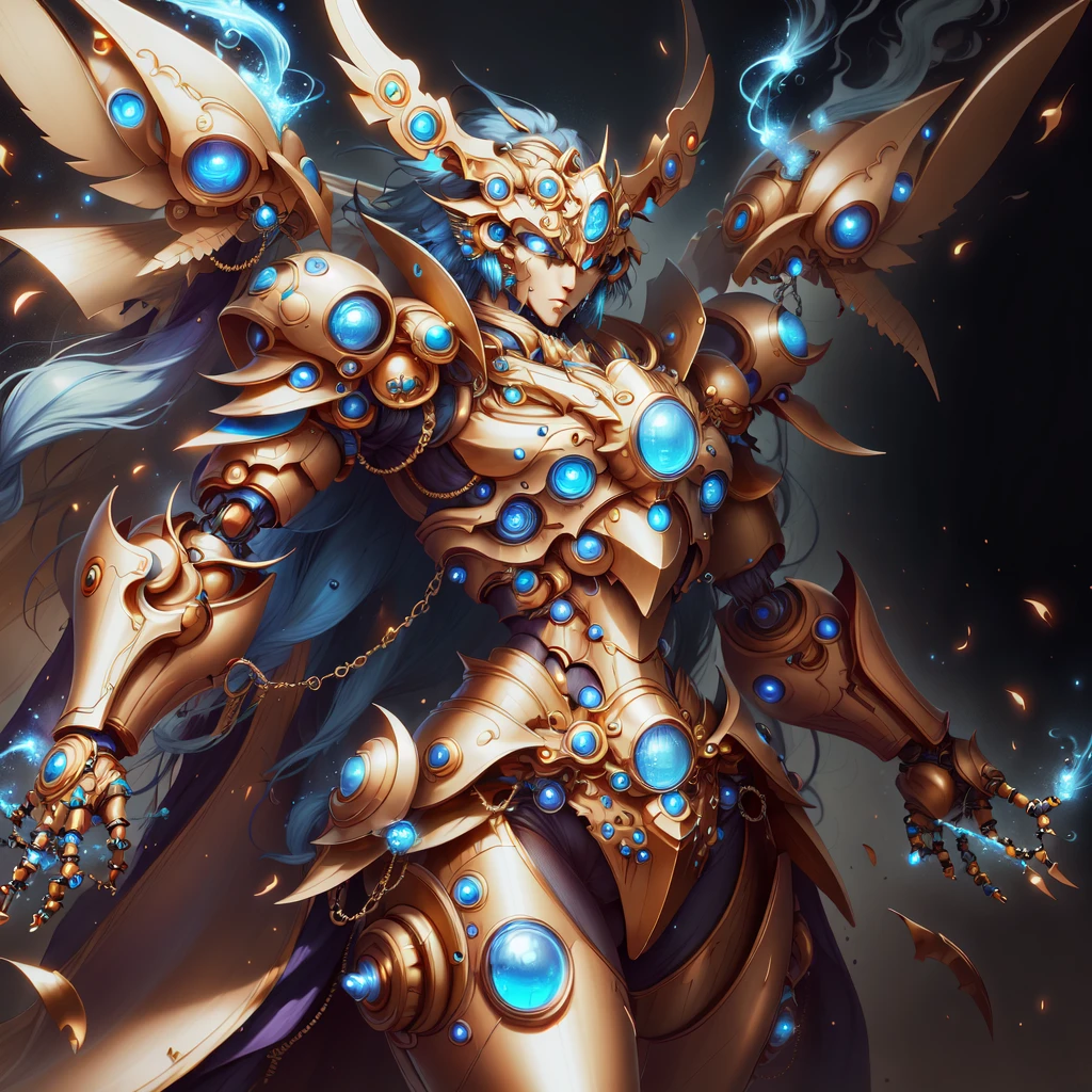 masterpiece, absurdres, detailed eyes, <lora:WorldofLight:1.2>, worldoflight, gold and blue, battle mecha,