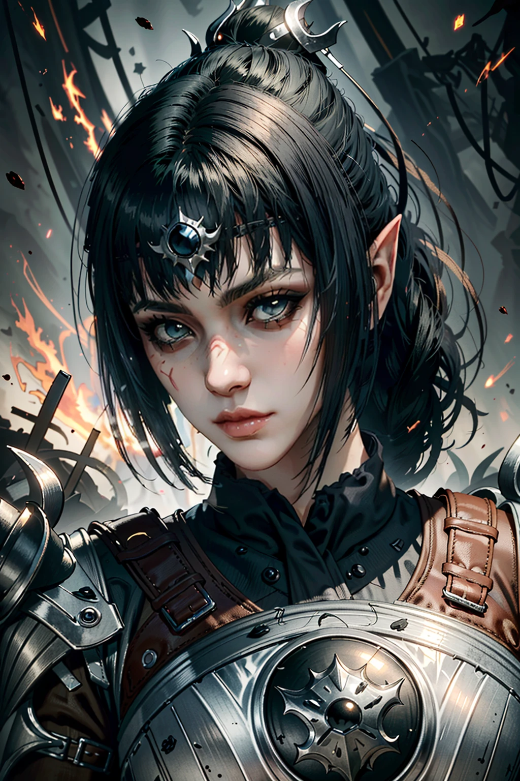 (masterpiece, best quality)
ShadowHBG, 1 girl, black hair, pointy ears, shining armor, battlefield, blood dripping from face, pointy ears
<lora:epi_noiseoffset2:1>, <lora:ShadowHeart:0.7>