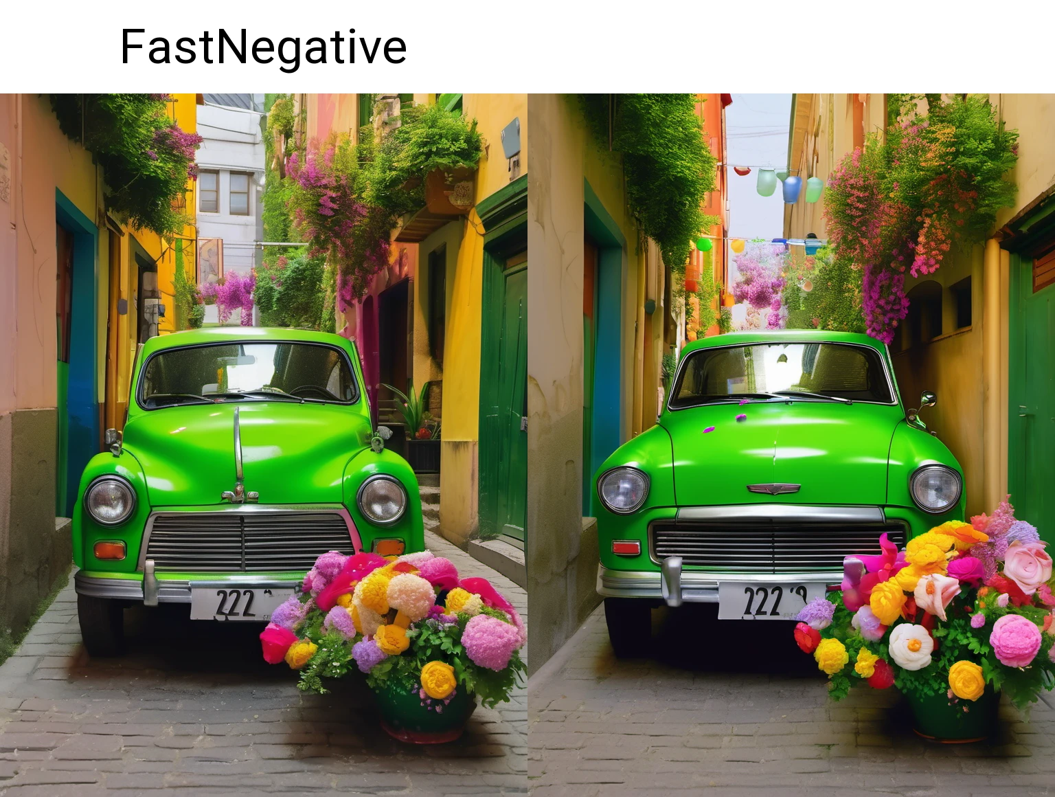 There is a green car in a small alley with colorful flowers on it