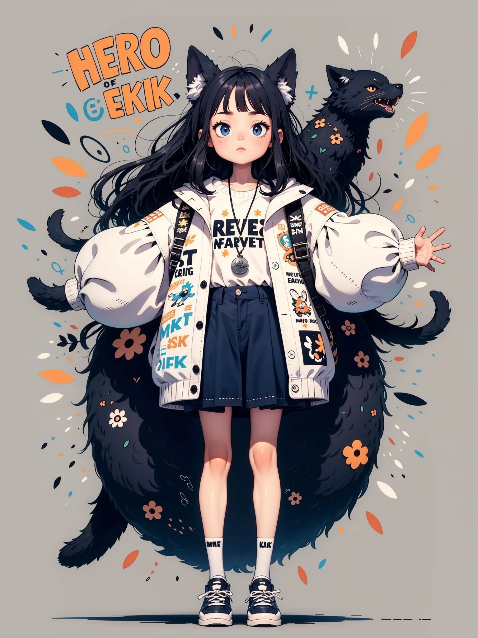 1girl, Long black hair, cat Ears, Black eyes, perfect face, wearing plain black shirt, denim shorts, Computer, absurdres, high res, ultra sharp, 8K, masterpiece, looking at viewer
