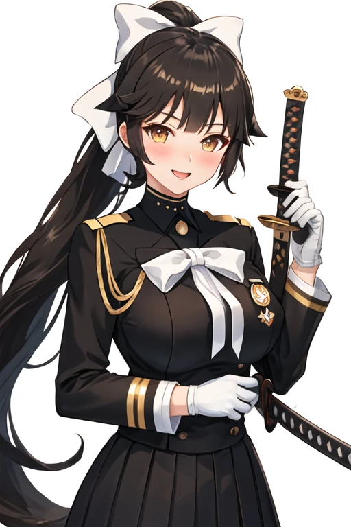 best quality, masterpiece, highres, solo, {takao_azurlane:1.15}, long_hair, black_hair, ponytail, bow, hair_bow, white_bow, breasts, bangs, large_breasts, brown_eyes, hair_flaps, blush, very_long_hair, yellow_eyes, military, 1girl, gloves, holding, holding_sword, holding_weapon, katana, looking_at_viewer, military_uniform, sword, uniform, upper_body, weapon, white_background, white_gloves, long_sleeves, sheath, simple_background, open_mouth, smile, unsheathing
