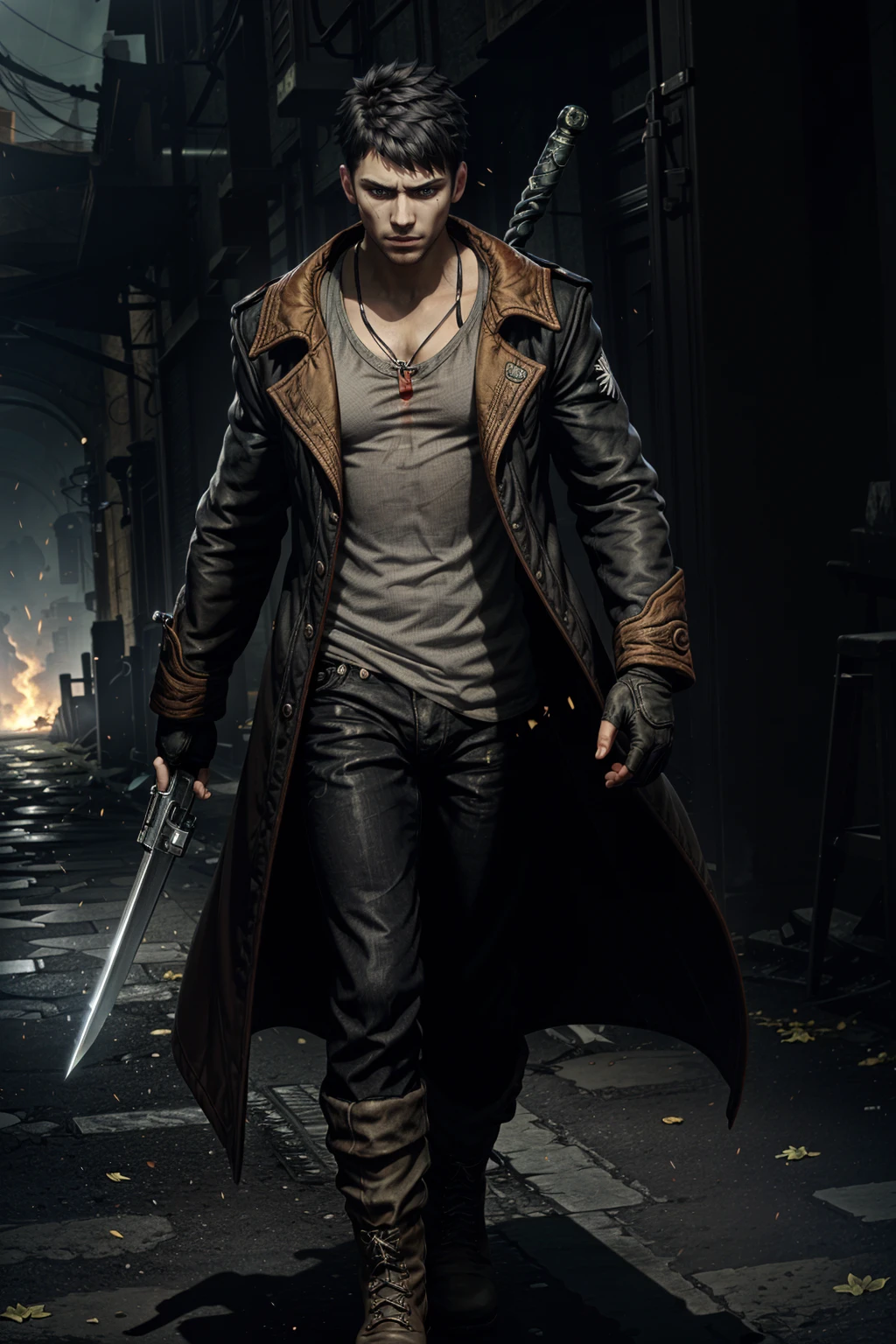 (masterpiece, best quality)
solo, black hair, gloves, 1boy, holding, weapon, male focus, boots, sword, coat, gun, facial hair, handgun, dual wielding, dog tags, DmCDante
<lora:epi_noiseoffset2:1>, <lora:add_detail:0.5>, <lora:DmCDante:0.7>