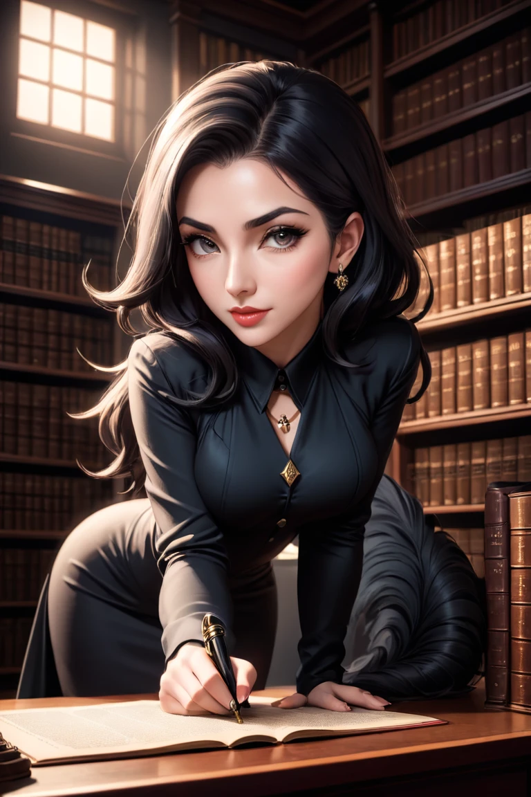 Film noir style <lora:FFai.0040.Reproductionsdxl_V31.lora:1> ((best quality)), ((masterpiece)), (detailed) Female, [Worgen in a bottle], on a desk, highly detailed skin, looking at the viewer, fantasy art, stunning gradient colors, background of a library, no watermark signature, closed mouth, insanely detailed, ((masterpiece)), HDR, key visual, vibrant, studio quality, highly detailed,close portrait,(manga:1.3),beautiful,attractive,handsome,trending on ArtStation,DeviantArt contest winner,CGSociety,ultrafine,detailed,studio lighting . Monochrome, high contrast, dramatic shadows, 1940s style, mysterious, cinematic