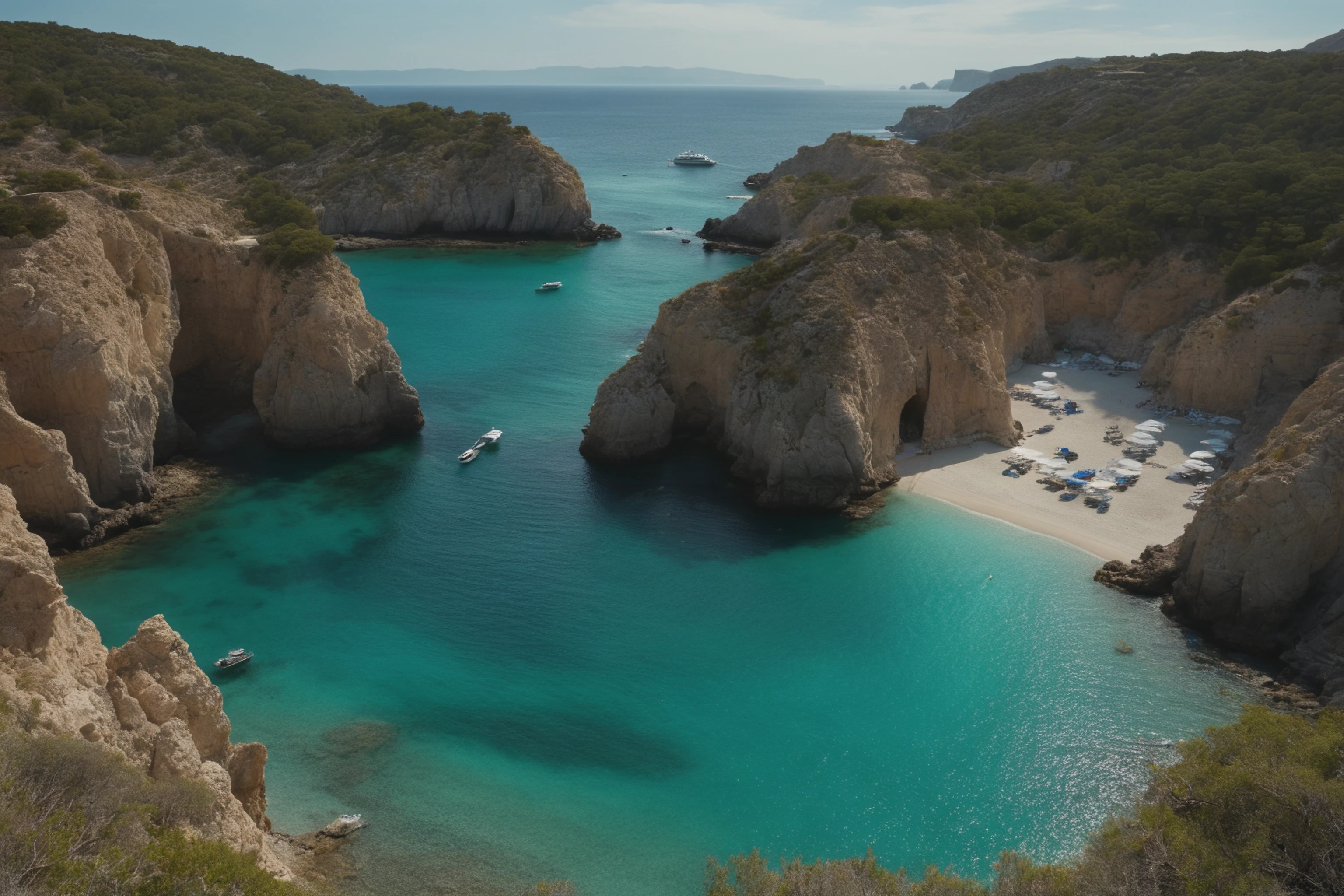 A marina is nestled along the picturesque coastline, with crystal-clear turquoise waters stretching out into the distance. The scene is framed by rugged cliffs on one side and a stretch of sandy beach on the other, creating a harmonious blend of nature and human activity, intricate, detailed, 4k, rich deep colors, sharp focus