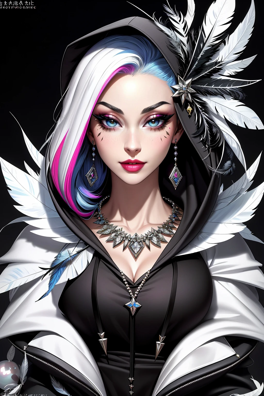((Masterpiece, best quality,edgQuality)),smirk,smug,
edgTM, a woman in a ((hoodie,hood on head)) with frills,pearl necklace,((feathers)),
wearing edgTM_style fashion, eccentric clothing,
<lora:edgMuglerHoodies:1>